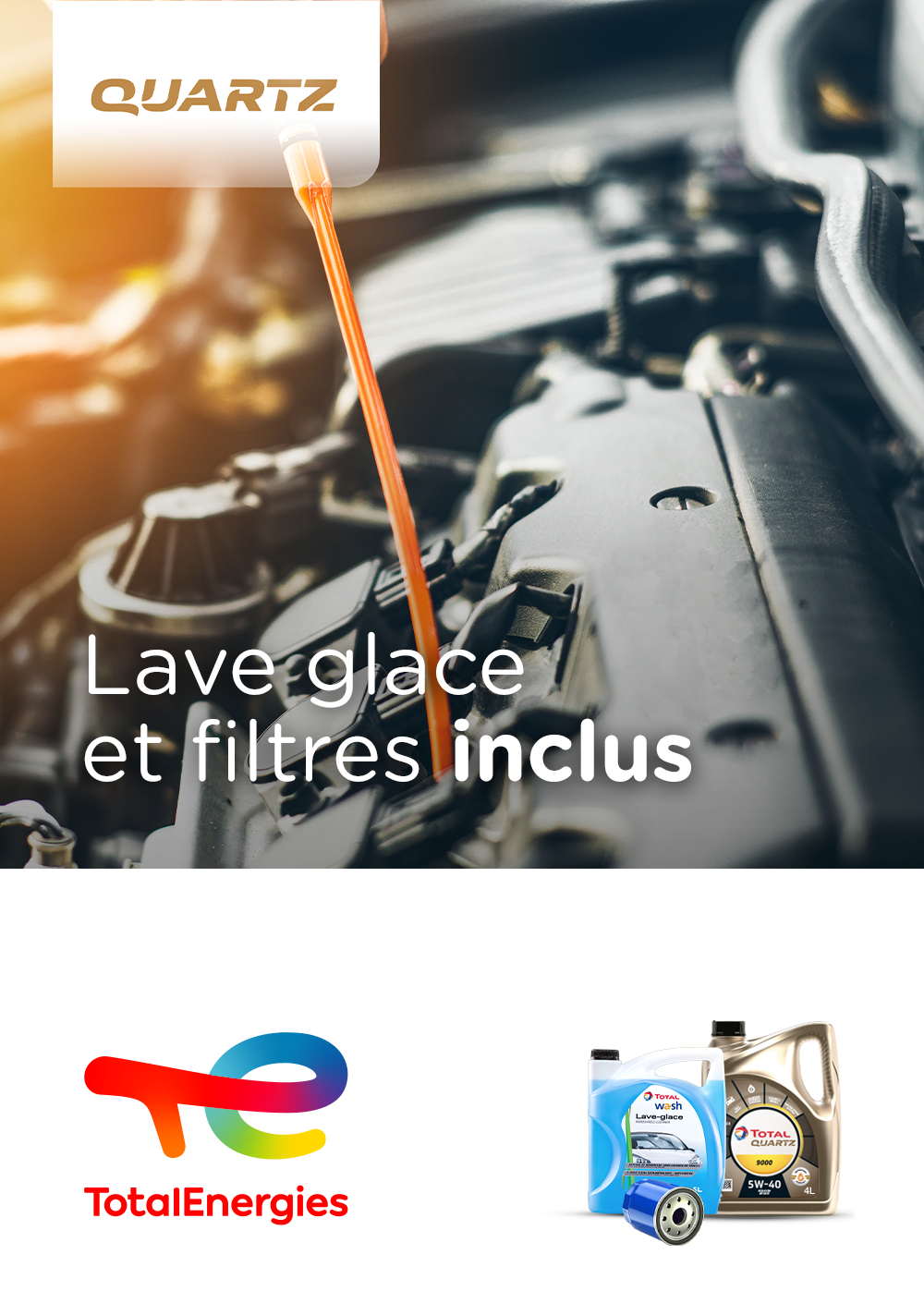   Forfait vidange Quartz 9000 5W-40 bidon 4L + Filtre à huile + Main d'œuvre + Lave Glace