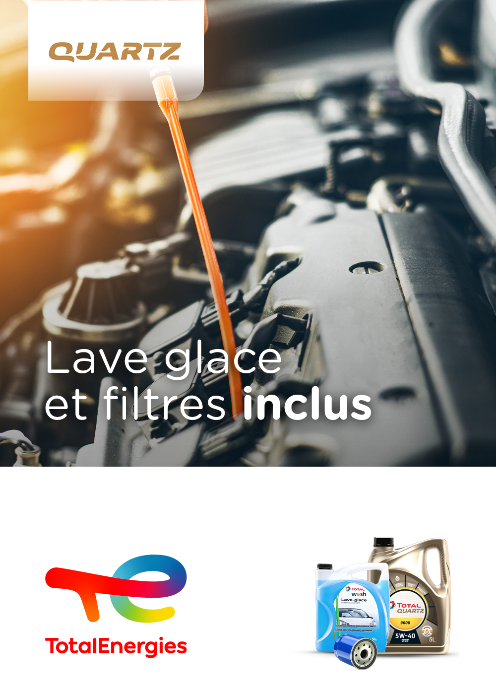 Forfait vidange Quartz 9000 5W-40 bidon 5L + Filtre à huile+ Main d'oeuvre + Lave Glace
